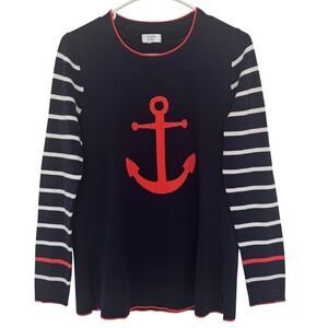 Crown & Ivy Women's Size SMALL Navy Nautical Anchor Spring Sweater Stripes